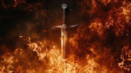 mysterious and magical photo of silver sword with fire flames over Gothic snowy black background. Medieval period concept