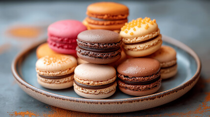 Close-Up of Colorful Macarons with Delicate Shells and Flavorful Fillings, Arranged Artistically on a Plate