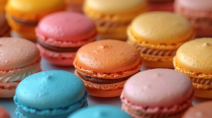 Fototapeta premium Close-Up of Colorful Macarons with Delicate Shells and Flavorful Fillings, Arranged Artistically on a Plate