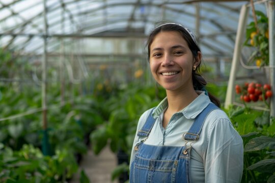 Interior of a greenhouse with young hispanic female farmer