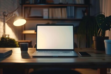 Laptop on home office desk with blank screen