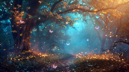 Fantasy Magical Mushrooms and Butterfly in enchanted Fairy Tale dreamy elf Forest background