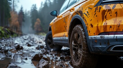 Fototapeta premium Muddy suv in forest trail - generative ai