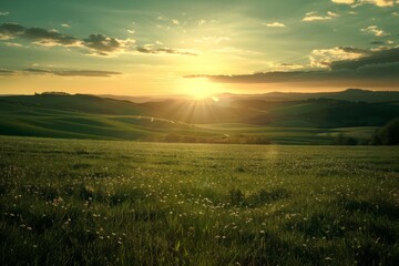 Fototapeta premium Solar farm on lush green field with sunset
