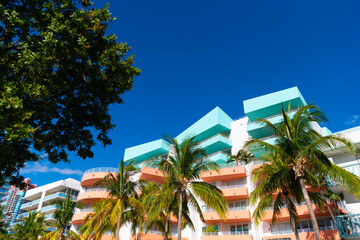 Architectural building. Art deco historic district. Modern building of Miami beach, Florida. Ocean drive. Miami South Beach in Ocean Drive Florida. Art Deco building architecture. Beachfront hotels