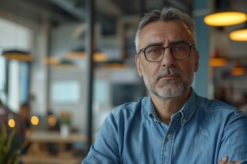Obraz premium Portrait of a middle aged male worker in startup company office