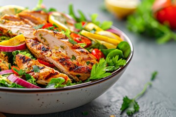 Grilled lemon herb chicken salad in bowl on table