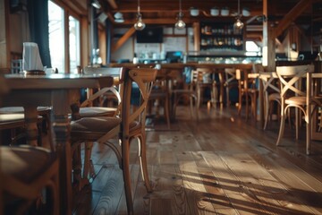 Fototapeta premium Empty restaurant interior with wooden tables and chairs