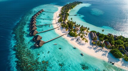 Obraz premium Amazing panorama at Maldives. Luxury resort villas seascape with soft led lights under colorful sky. Beautiful beach background for vacation holiday