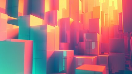 Abstract background made of colorful cubes forming a modern city illuminated by a warm sunlight