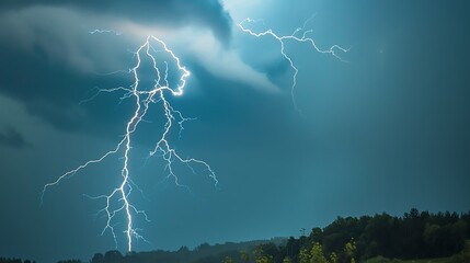 Seasonal downpour with lightning flashes, striking and vivid