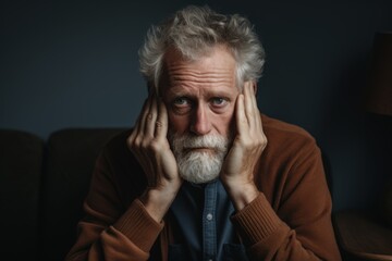 Obraz premium Portrait of a worried senior man sitting on the couch at home