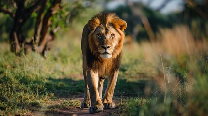 Fototapeta premium Male lion (Panthera leo) standing in long grass, side view