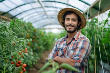 Obraz premium Interior of a greenhouse with young male farmer