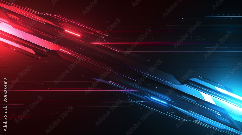 Wall mural glowing diagonal red and blue lights form abstract technology background with lines