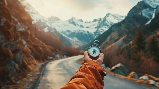 man hand holding navigational travel compass to find direction and next destination place. Concept of travel people and exploring. - Powered by Adobe