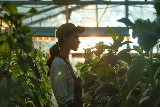Interior of a greenhouse with young hispanic female farmer