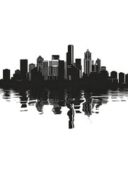 Obraz premium Black and white city skyline with tall buildings reflected on a rippling water surface, creating a distorted mirror effect. Cityscape Reflection: Urban Silhouette Mirrored on Water