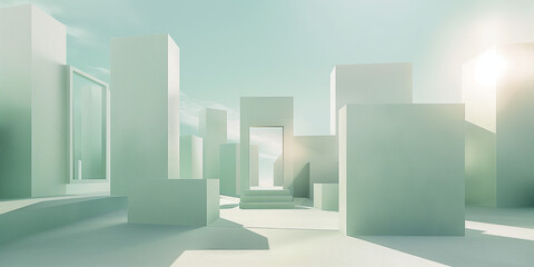 A doorway to nowhere with a shadow stands in the center of a landscape of floating geometric shapes, with a light blue sky