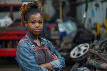 Fototapeta premium Portrait of a African American female car mechanic