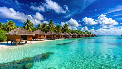 Fototapeta premium Tropical beach panorama view with bungalows and turquoise sea in sunny day, tropical, beach, panorama, bungalows, sea