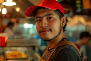 Portrait of a young adult mexican male fast food worker