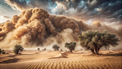 Hyperrealistic sandstorm creating a mysterious and enchanting scene, gothic, enchantment, magic, fantasy, surreal, rendering