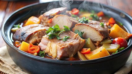 Close-up of steaming hot pork belly and vegetable stew , food, soup, ingredients, meat, savory, hearty, comfort, meal