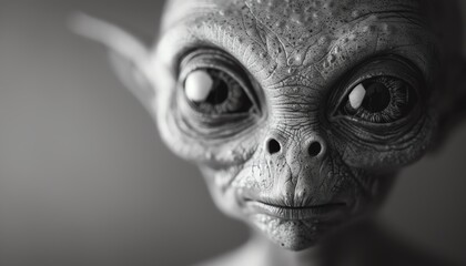 Alien portrait with big eyes, monochrome background, offcenter
