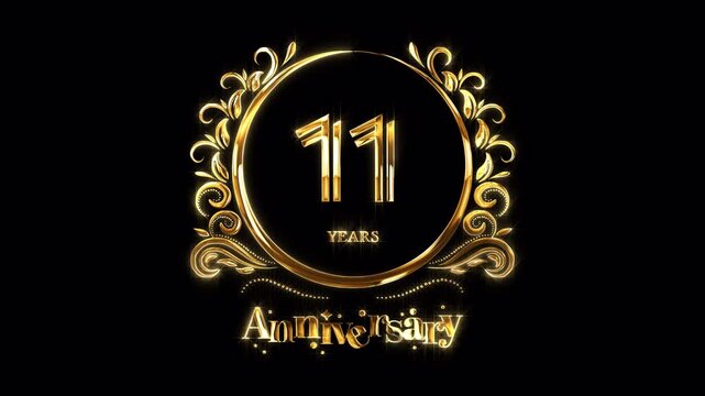 11th Anniversary Celebration. Happy 11 Years Anniversary Animation in Gold Color on the Transparent Background, Alpha Channel. Great for greetings, celebrations, events, and gifts.