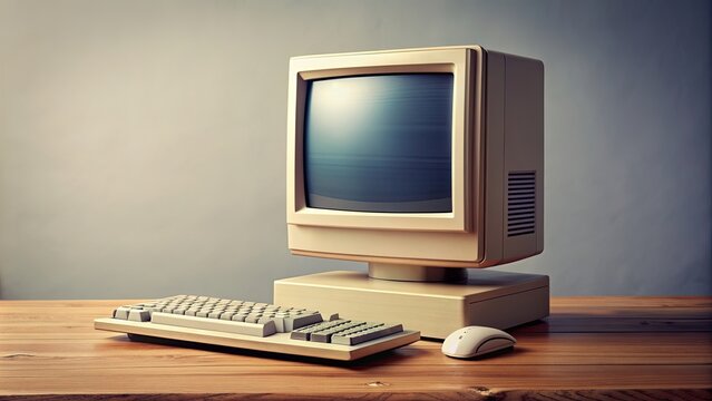 Old computer sitting on a desk, vintage, technology, obsolete, desktop, retro, workstation, office, keyboard, monitor