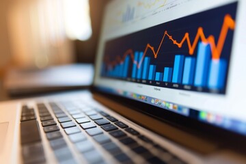 Laptop screen with a upwards growing graph