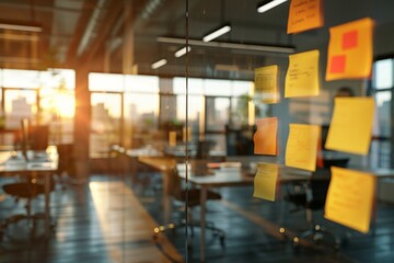 Post it notes on a glass wall in modern office