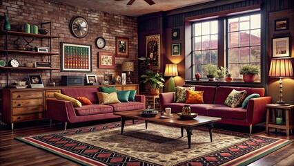 Colorful retro living room with vintage furniture and decor, vintage, colorful, retro, living room, interior design, furniture, decor