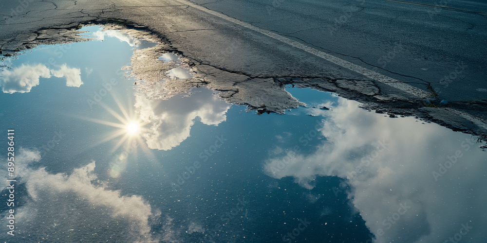 Wall mural A reflection photography of a bright, cloudless sky reflected in a shimmering heatwave over asphalt