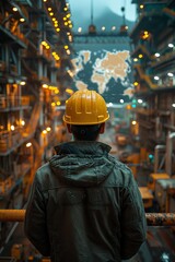 Obraz premium Worker in hard hat observing digital world map in warehouse, interconnected lights, dim lighting