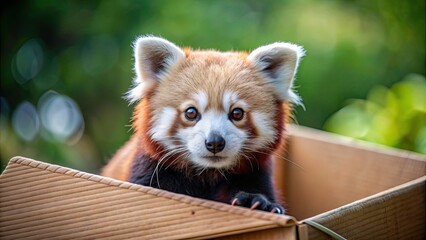 Playful red panda exploring a cardboard box, red panda, animal, mammal, cute, adorable, wildlife, cardboard box, exploring, play