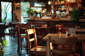 Obraz premium Empty restaurant interior with wooden tables and chairs