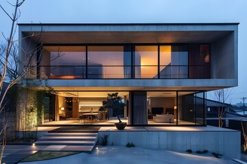 Modern Concrete House With Large Windows And A Garden