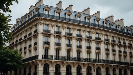 Obraz premium Elegant Parisian building with ornate balconies and windows.