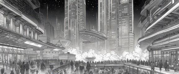 Naklejka premium 80s | Retro | Futuristic | Cityscape | Seasonal | Night Time Sky | Rain | Snow | Line Art | Ultrawide Aspect Ratio
