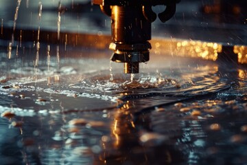 Industrial waterjet cutter slicing through steel