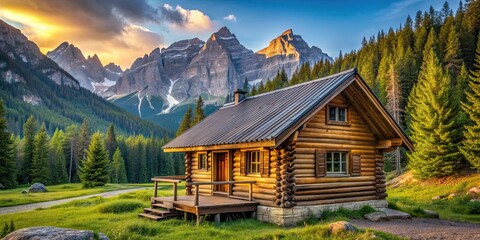 Fototapeta premium Cozy wooden cabin nestled in the mountains , retreat, solitude, nature, remote, cabin, wood, picturesque, landscape, tranquil