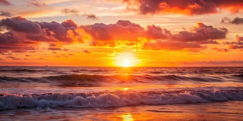 Fototapeta premium Vibrant sunset casting warm colors over the ocean waves , sunset, ocean, water, sky, colorful, vibrant, horizon, scenic