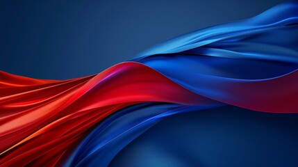 Dynamic and elegant display of red and blue satin fabric on a dark blue background, featuring a smooth wave pattern. Captivating 3d cgi design exudes movement and style