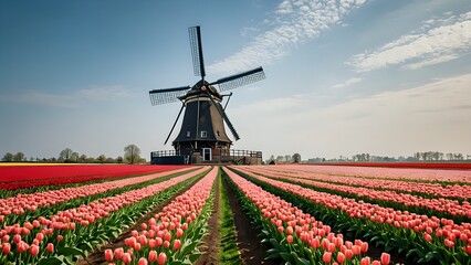 A traditional windmill stands tall in a field of vibrant pink tulips.