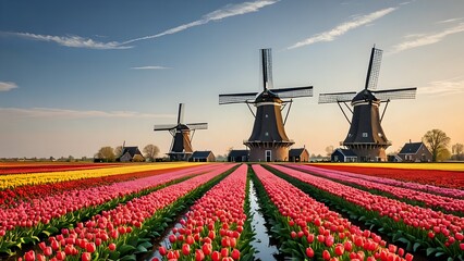 Windmills and tulip field in the Netherlands at sunset.