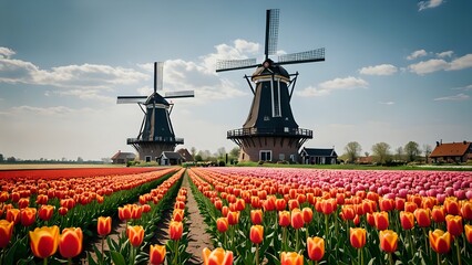 Colorful Dutch windmills surrounded by vibrant tulips.