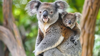 Fototapeta premium Mother koala with baby on her back, on eucalyptus tree.