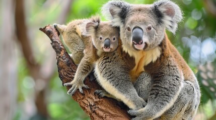 Obraz premium Mother koala with baby on her back, on eucalyptus tree.